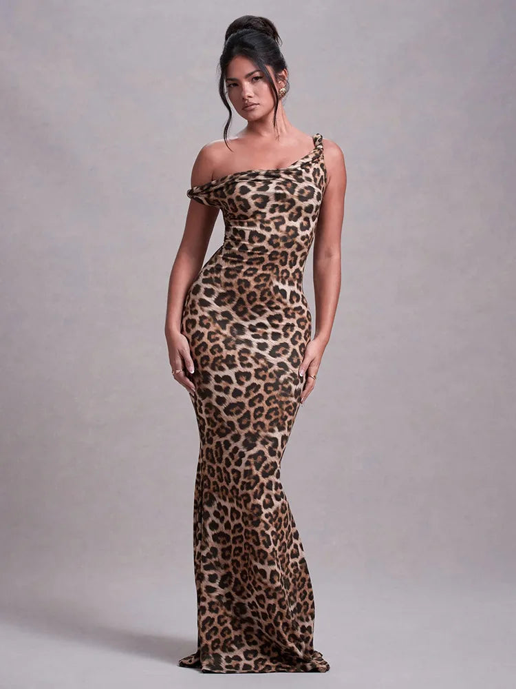 Leopard Print Incline Shoulder Maxi Dress for Women