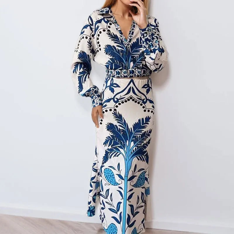 Elegant Vintage Women’s Long Sleeve V-Neck Skirt Set