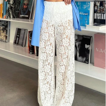 High Waist Lace Hollow Out Wide Leg Pants for Women