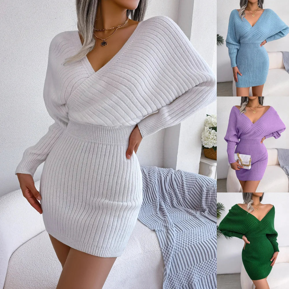 Elegant V-Neck Batwing Sleeve Sweater Dress for Women
