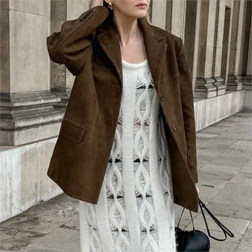 Vintage Brown Blazer Coat for Women - Stylish Long Sleeve Jacket