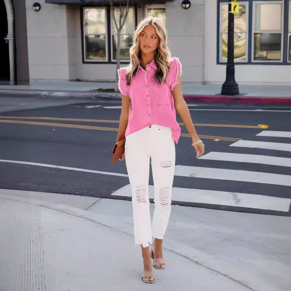 Women's Short Sleeve Denim Lapel Jacket - Spring/Summer 2024