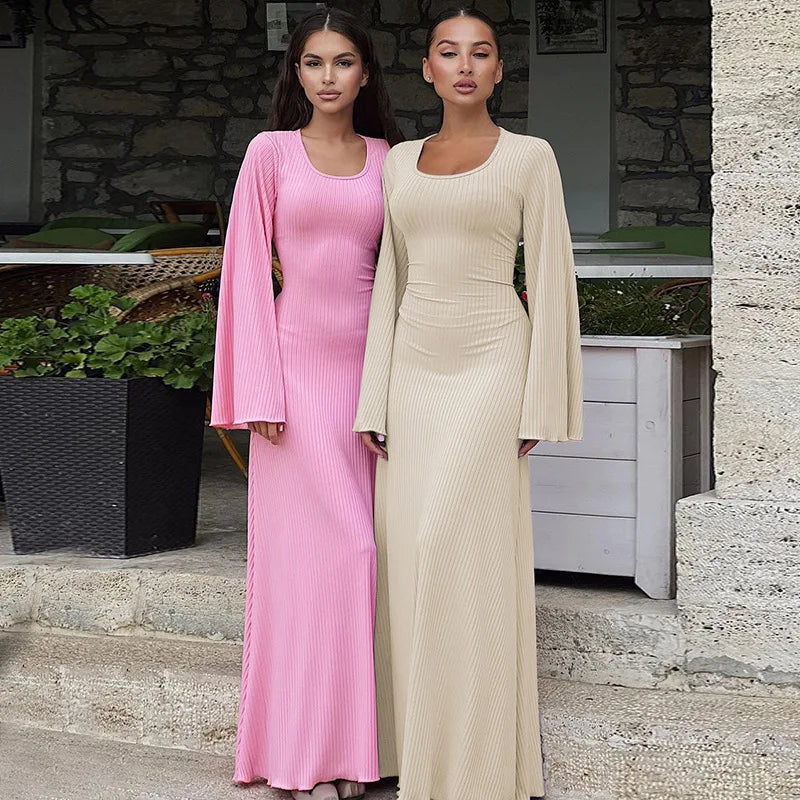 Solid Ribbed Long Sleeve Maxi Dress with Back Lace-Up Straps