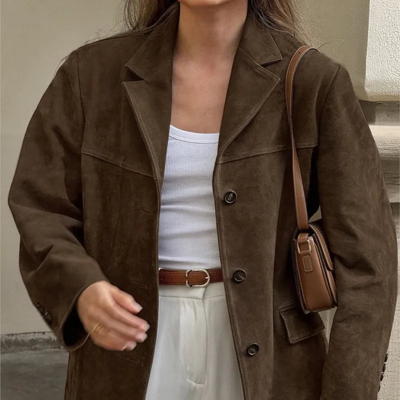 Vintage Brown Blazer Coat for Women - Stylish Long Sleeve Jacket