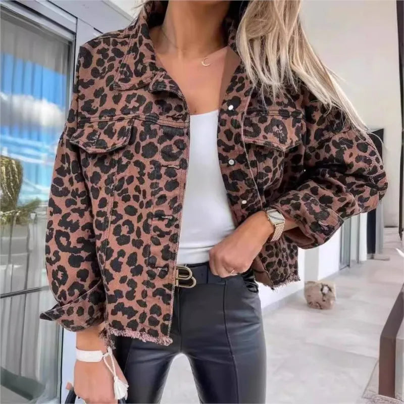 Trendy 2024 Women's Leopard Denim Jacket