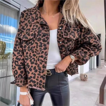 Trendy 2024 Women's Leopard Denim Jacket