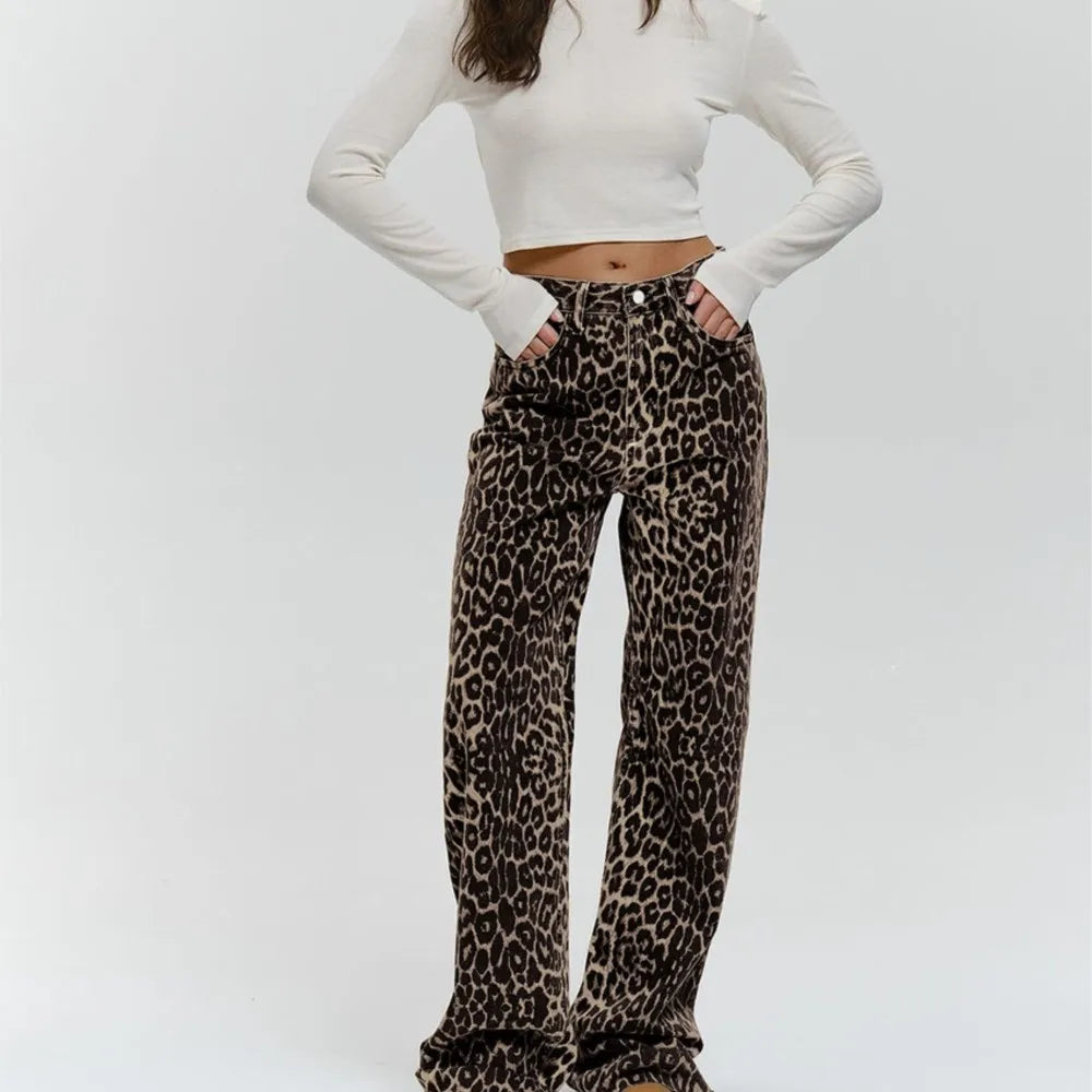 Retro Chic Leopard Print Low Waist Long Pants