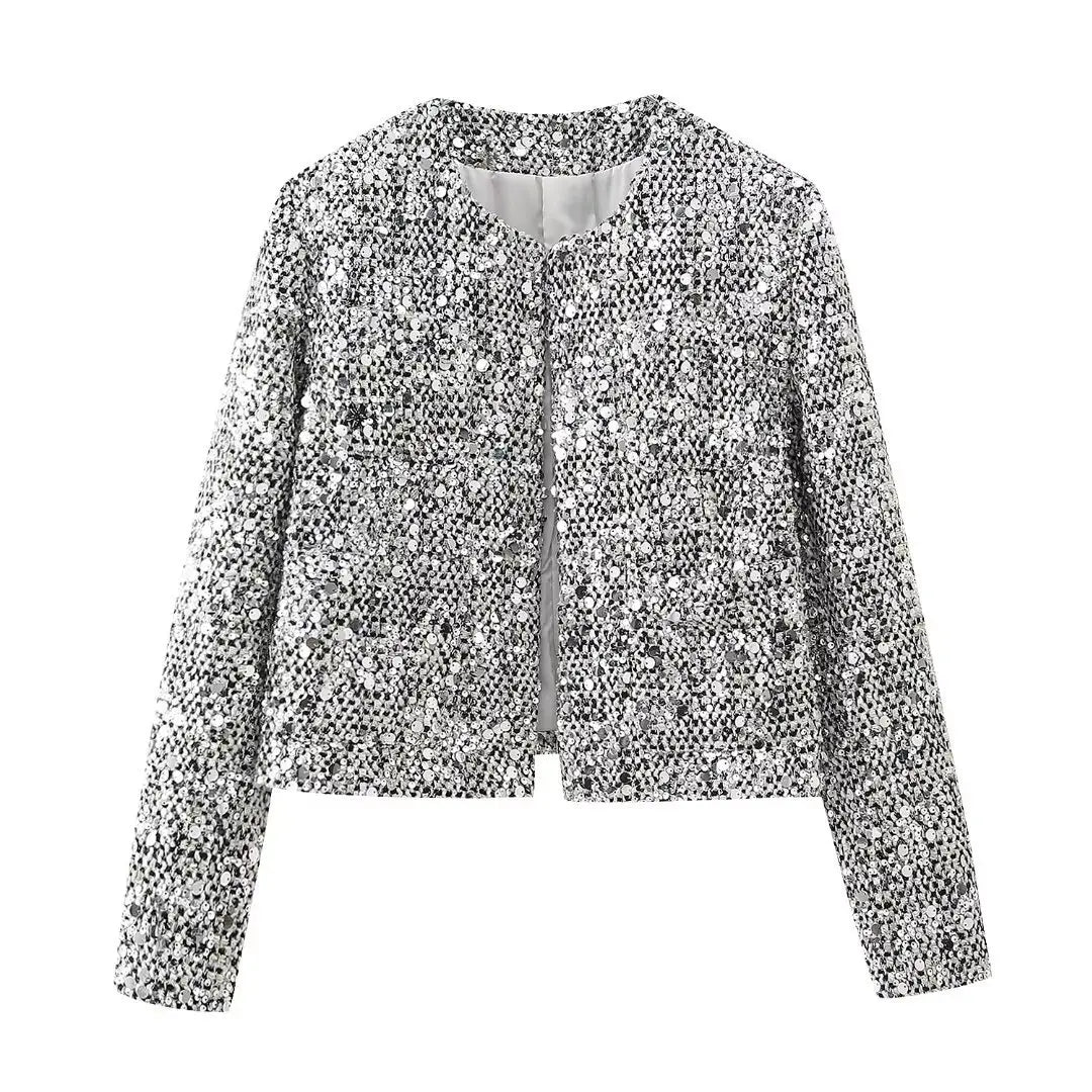Elegant Silver Sequin O Neck Jacket for Women