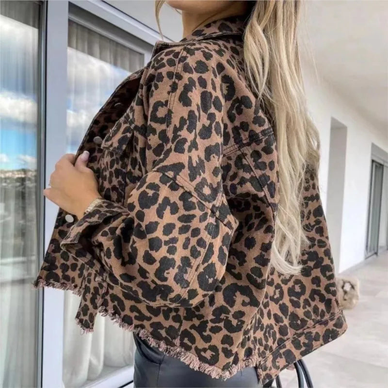 Trendy 2024 Women's Leopard Denim Jacket