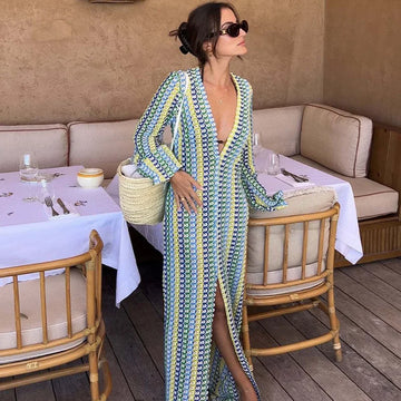 Colorful Stripe Flare Sleeve Maxi Dress for Women