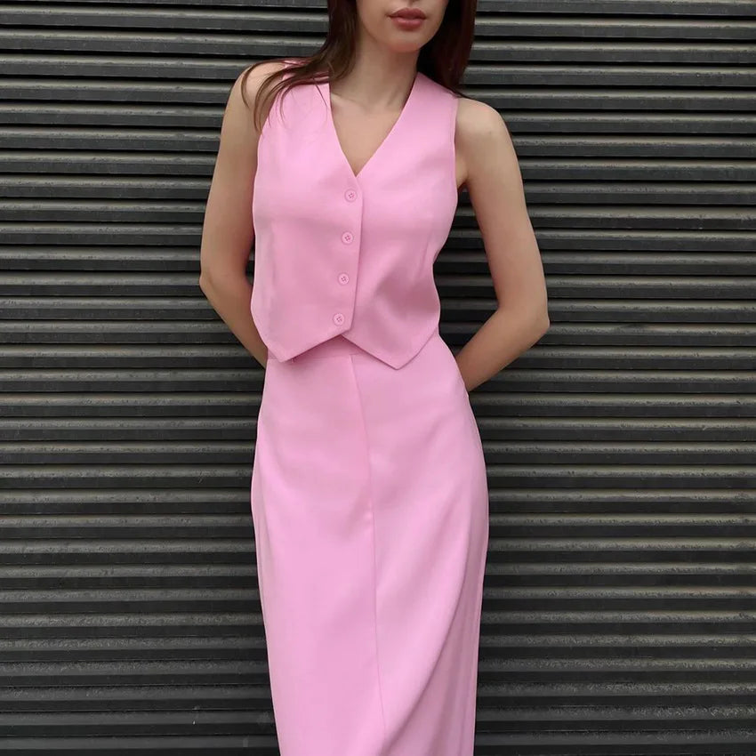 Fashionable Pink Sleeveless Vest and High Waist Long Skirt Set