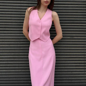 Fashionable Pink Sleeveless Vest and High Waist Long Skirt Set