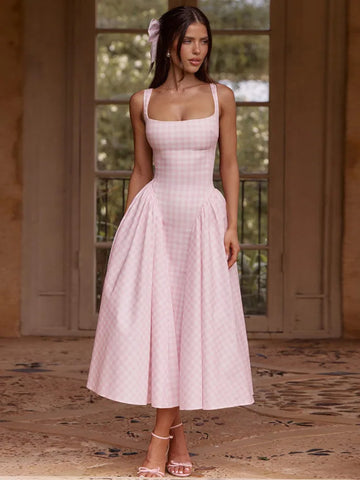 Plaid Printed Maxi Dress for Women - Summer Spaghetti Strap Gown