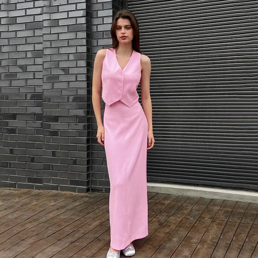 Fashionable Pink Sleeveless Vest and High Waist Long Skirt Set
