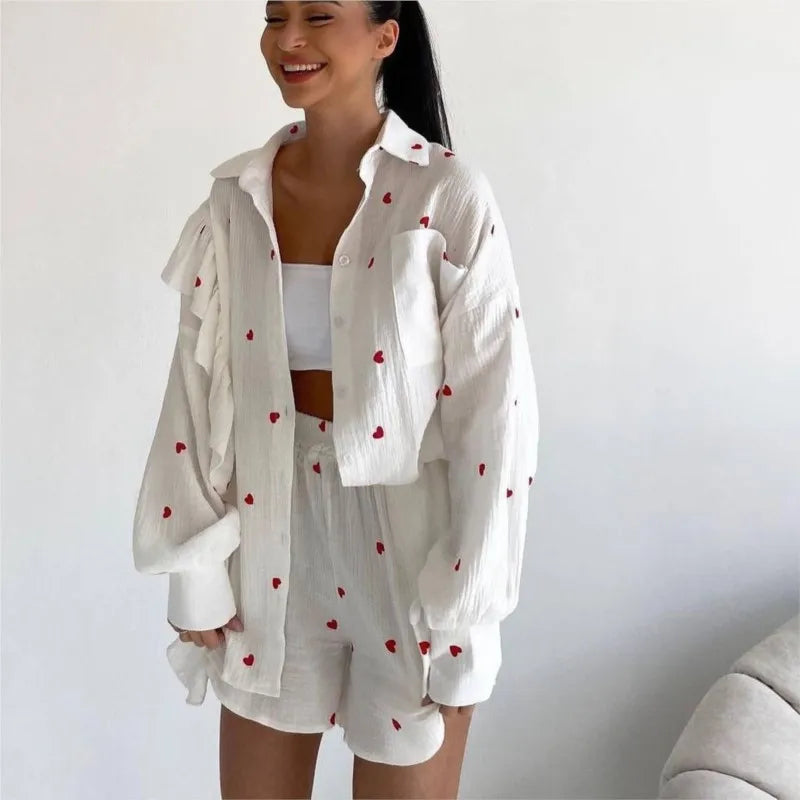 Cotton Ruffle Shirt and Shorts Set for Women