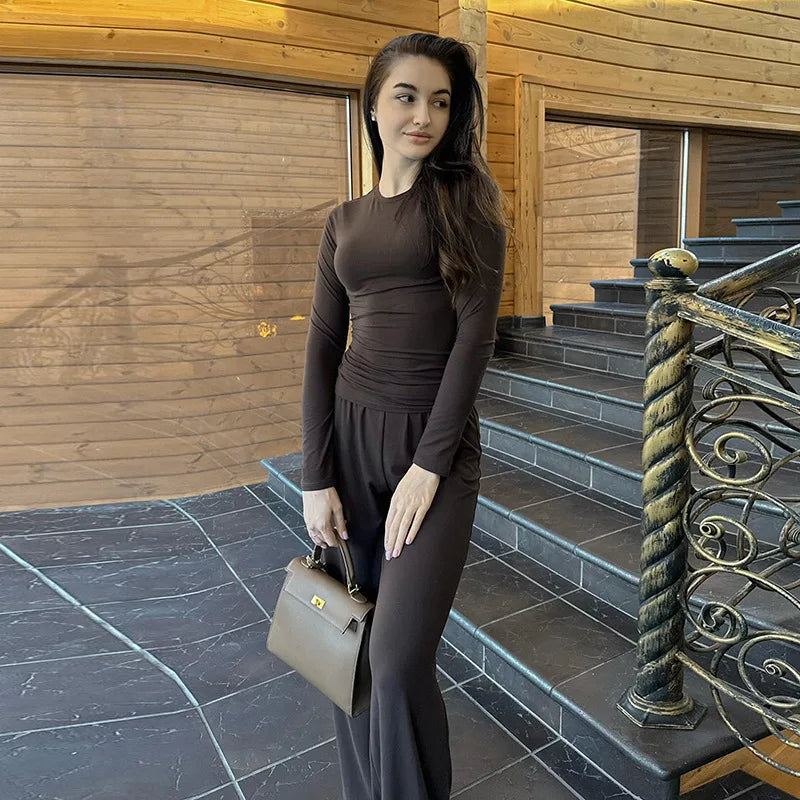 Women's Solid Color 2 Piece Set - Long Sleeve T-Shirt & Wide Leg Pants