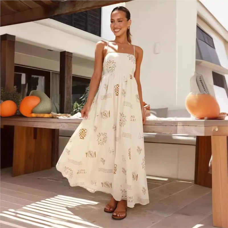 Elegant Strapless A-line Floral Print Beach Dress