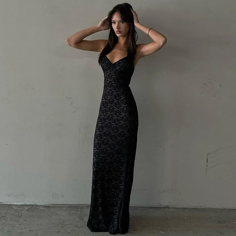 Lace V Neck Slim Sling Evening Dress
