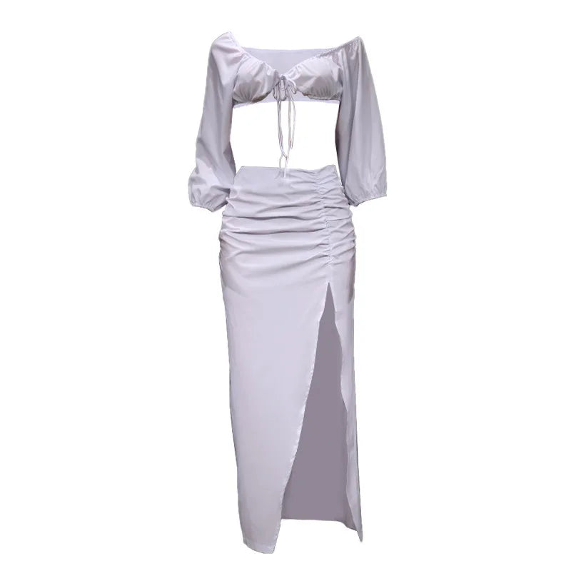 Women's Cropped Bra Top & High Slit Pleated Skirt Set